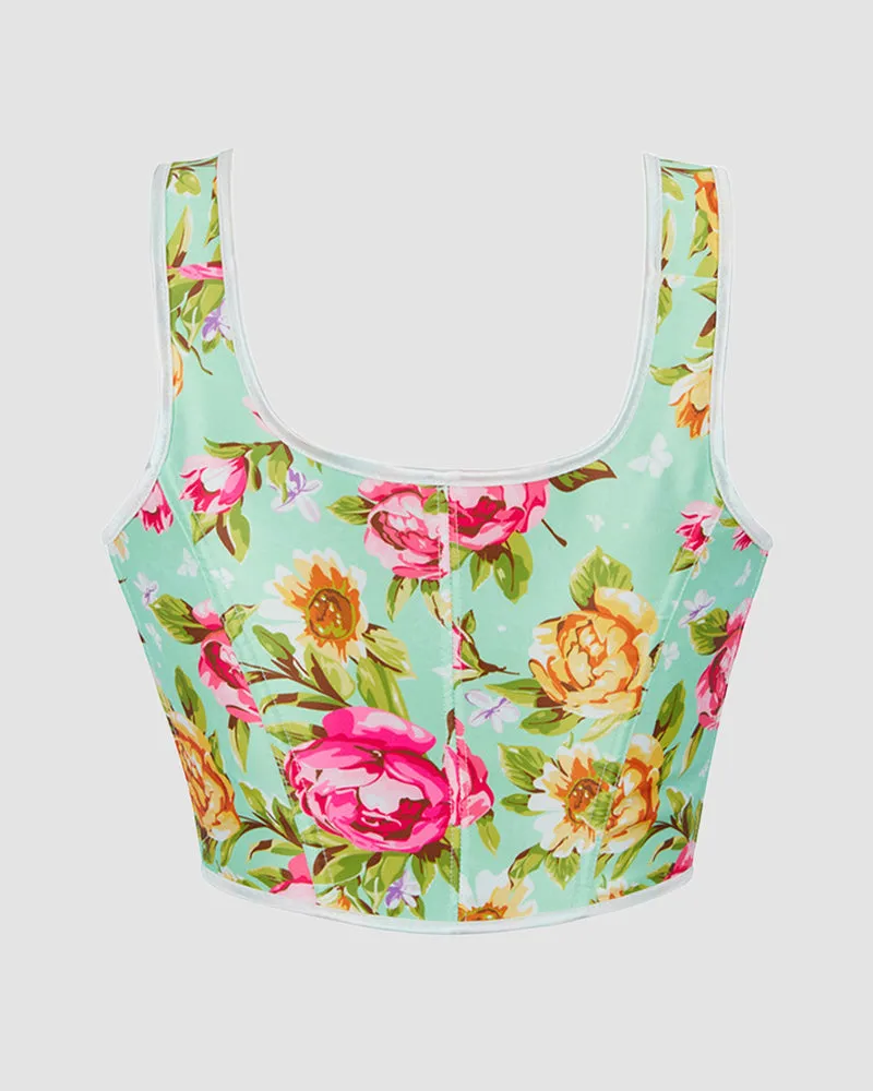 1930s 13 Boned Cotton Floral Pattern Corset