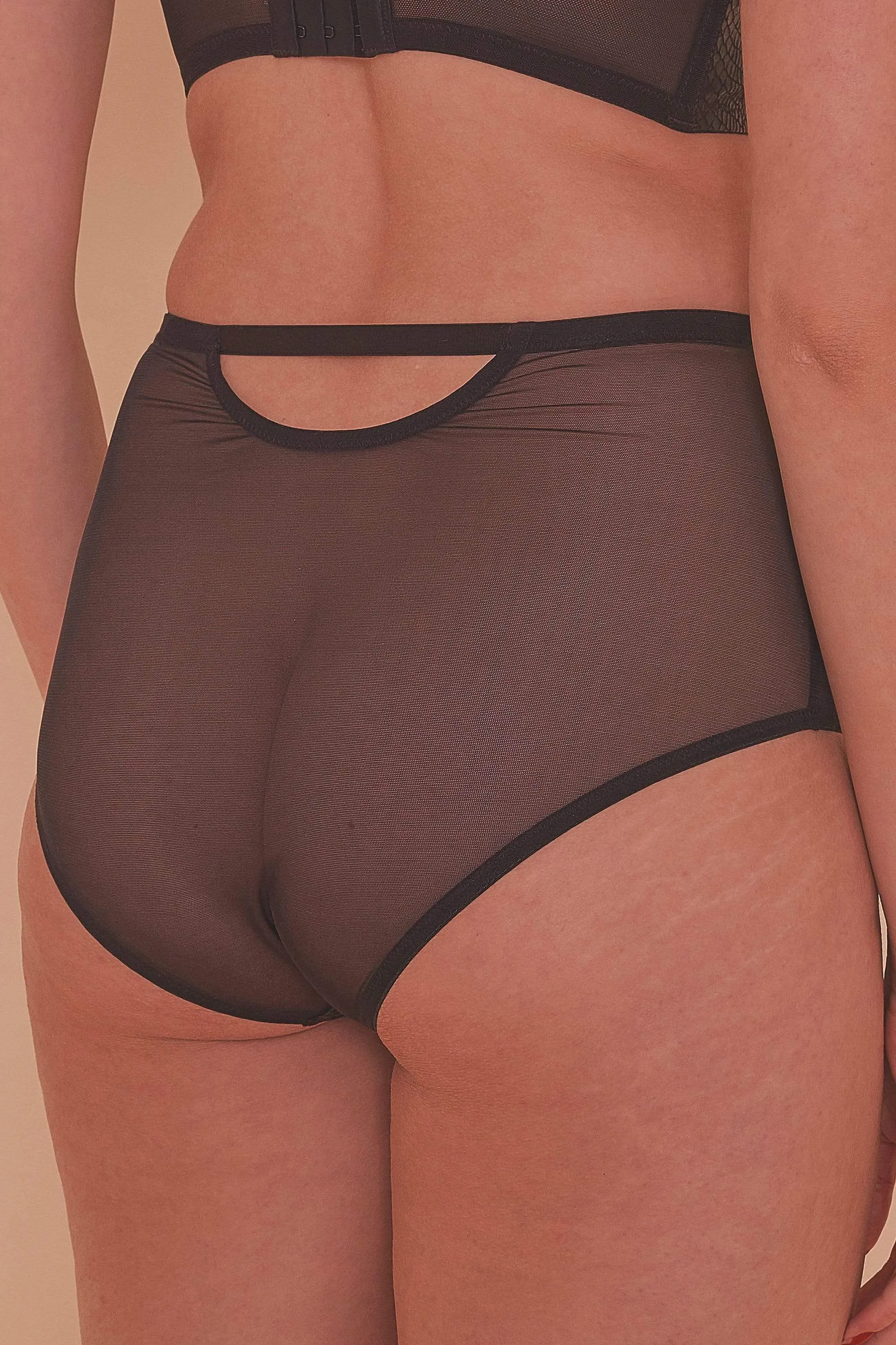 Aerona Black Lace and Leatherette High Waist Brief