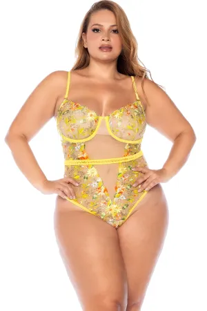 Embroidered Sheer Mesh Bodysuit with Lace-Up Back