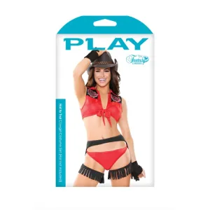 Hot to Trot Cowgirl Costume Set; Cowgirl; Tie Top. Fringe Chaps. and Panty